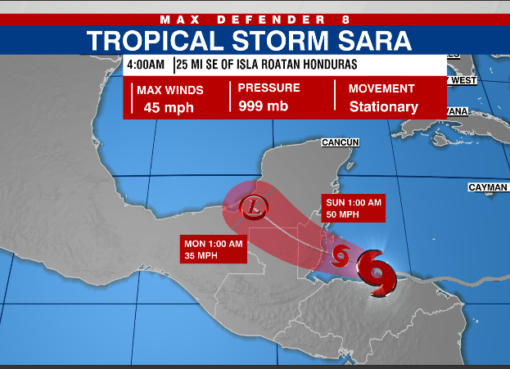 Tropical Storm Sara nearly stationary, dumping heavy rainfall over central America